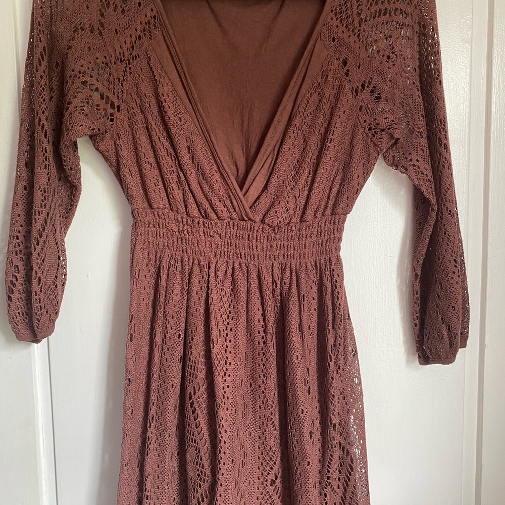 Ella Moss Brown Plunge Neck Bishop Sleeve Dress